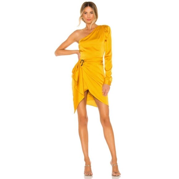 Lovers + Friends Yellow One Shoulder Ana Mini Dress New Satin Cocktail - Picture 1 of 9